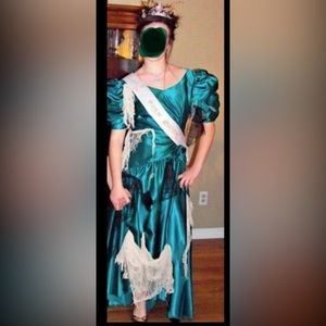Zombie Prom Queen costume homemade cobwebs satin - vintage prom dress slashed